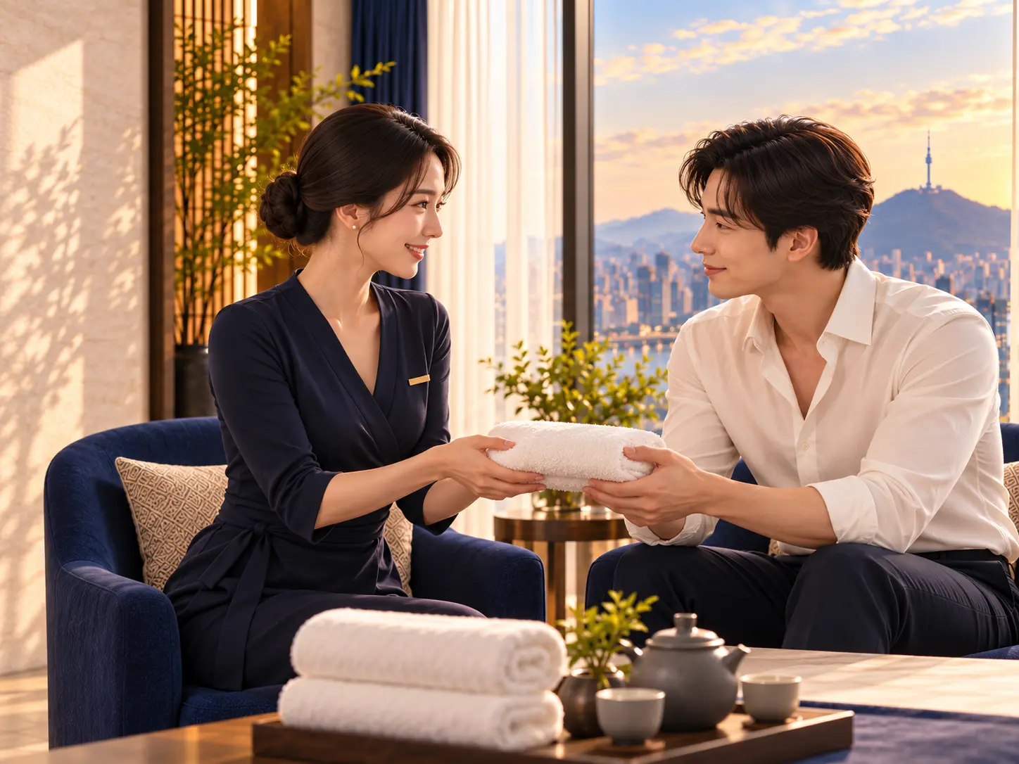 정돈된 타월과 준비 용품을 건네는 성인 테라피스트