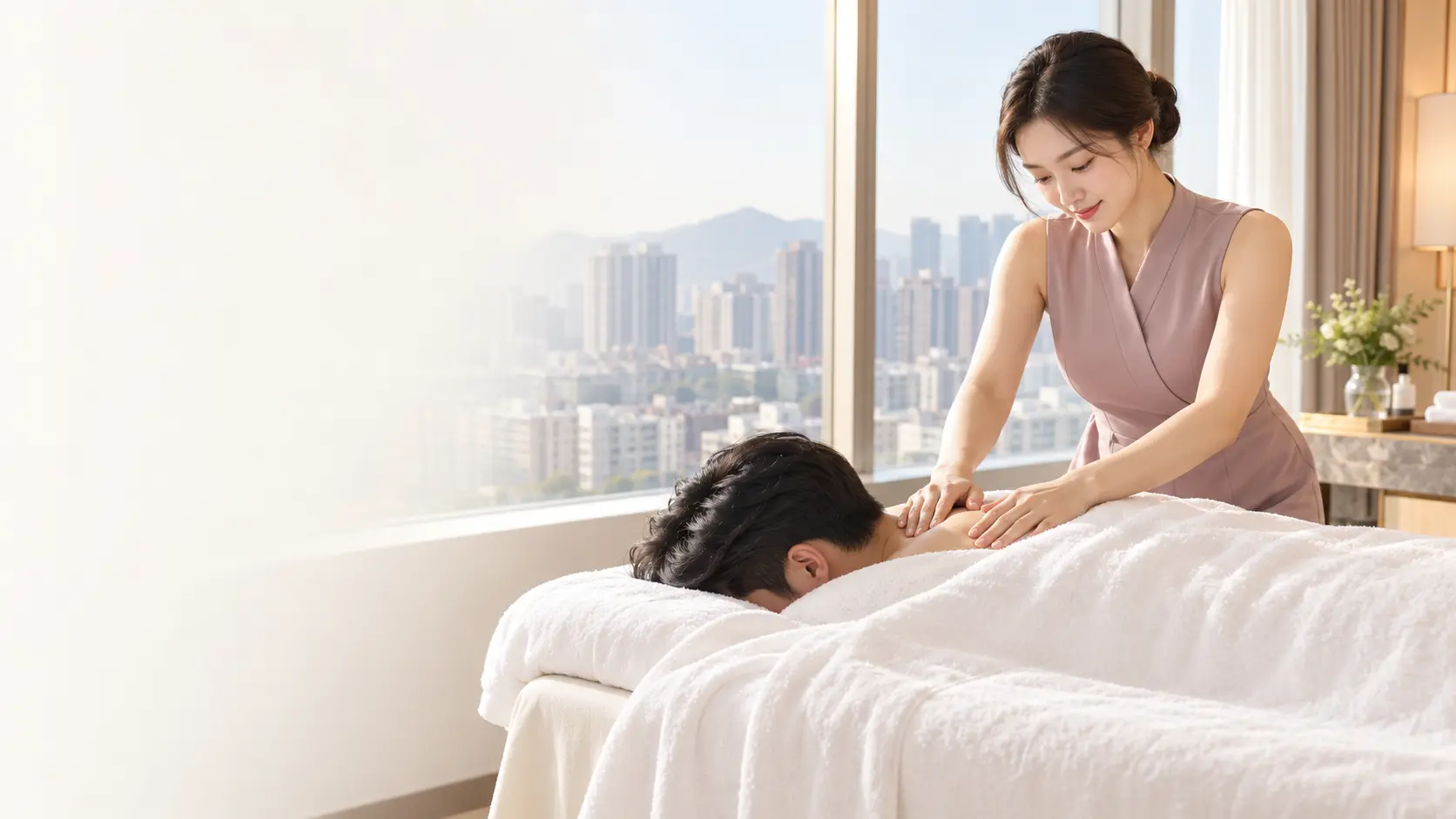 부천의 밝은 숙소에서 전문 마사지를 진행하는 모습