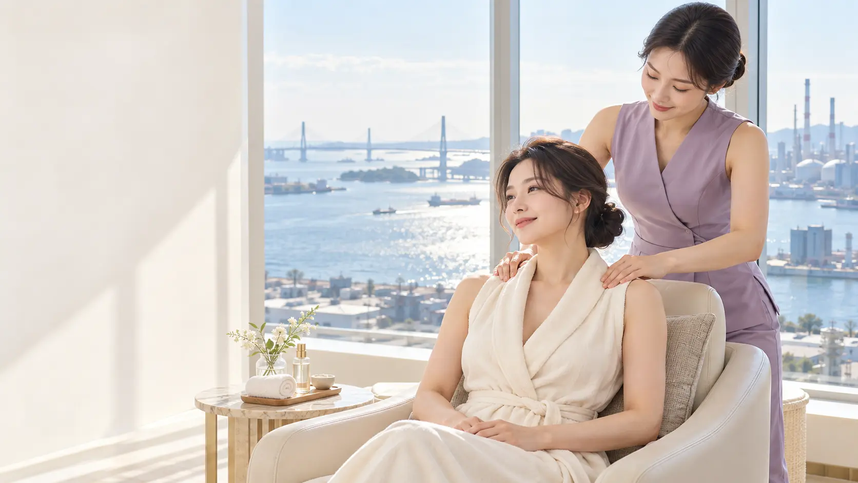 당진의 밝은 숙소에서 전문 마사지를 진행하는 모습