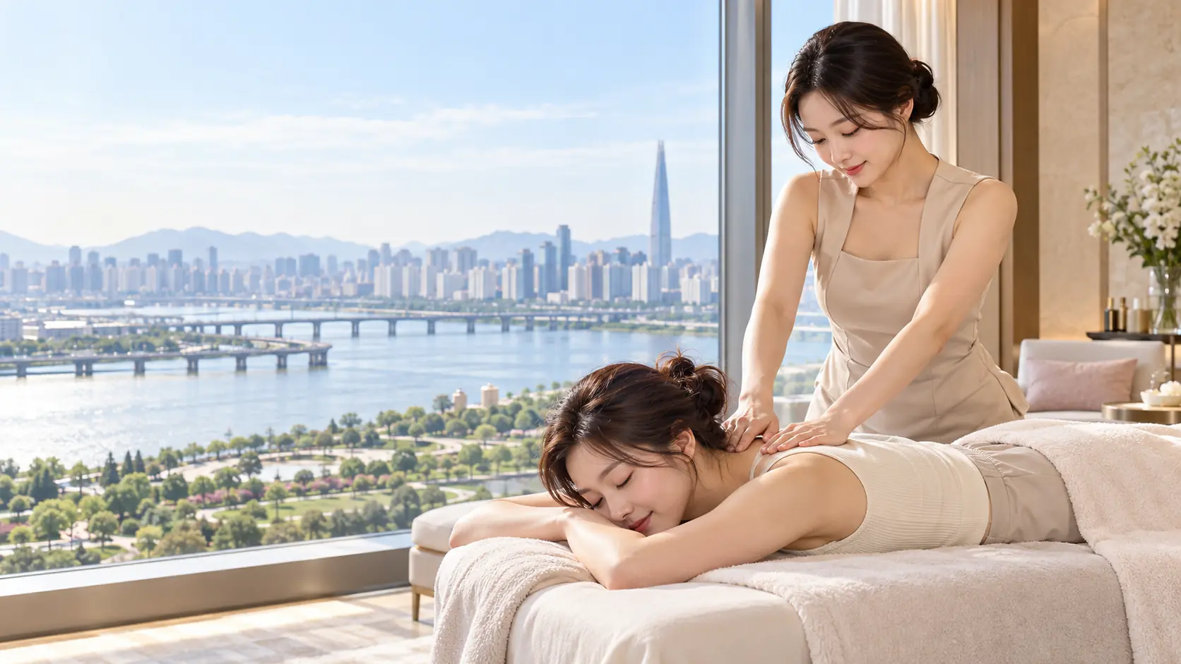 구리의 밝고 부드러운 프리미엄 숙소에서 성인 고객과 성인 여성 관리사가 전문 마사지 장면을 연출한 지역 전용 이미지.