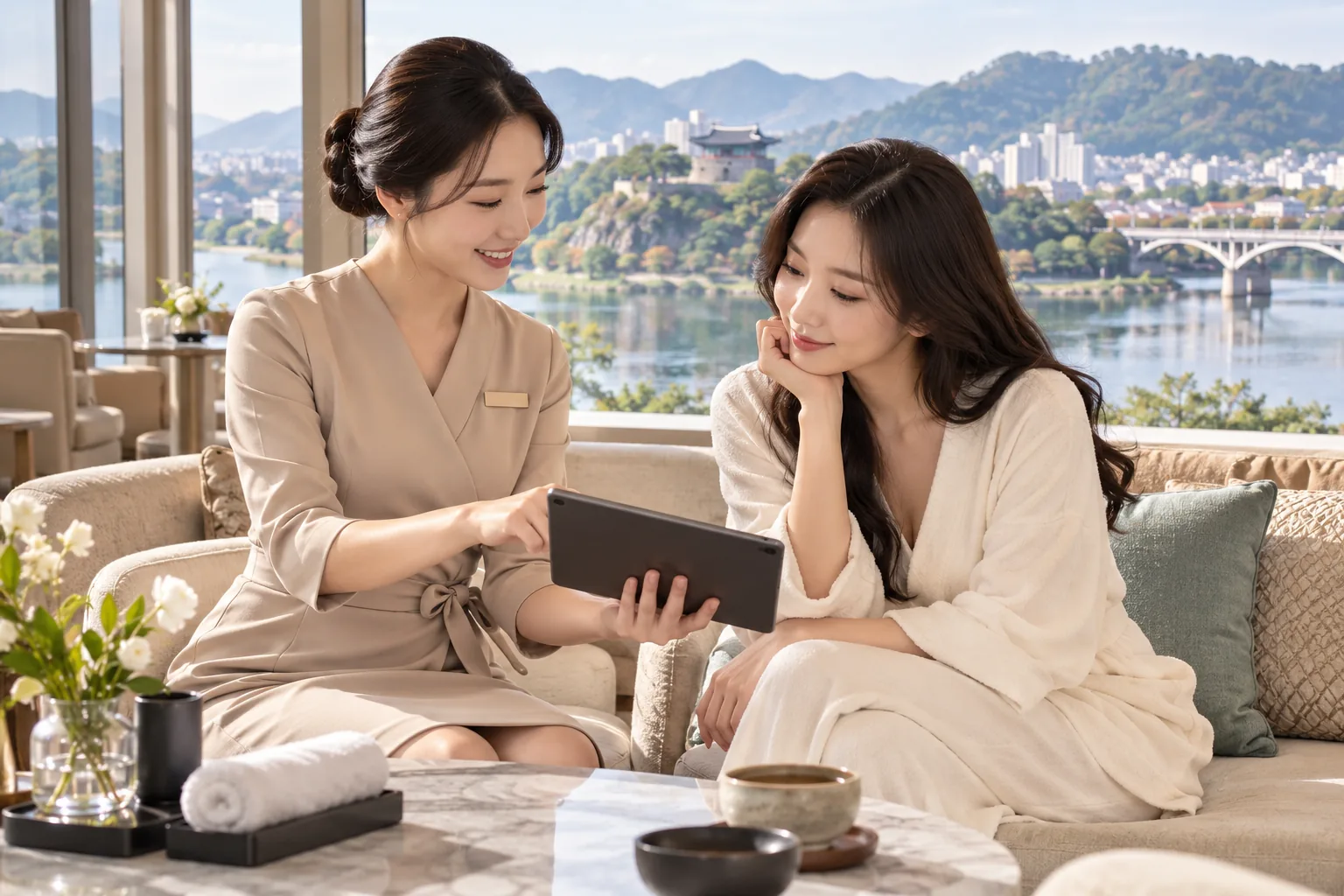 진주 창밖으로 그 지역이 보이는 실내