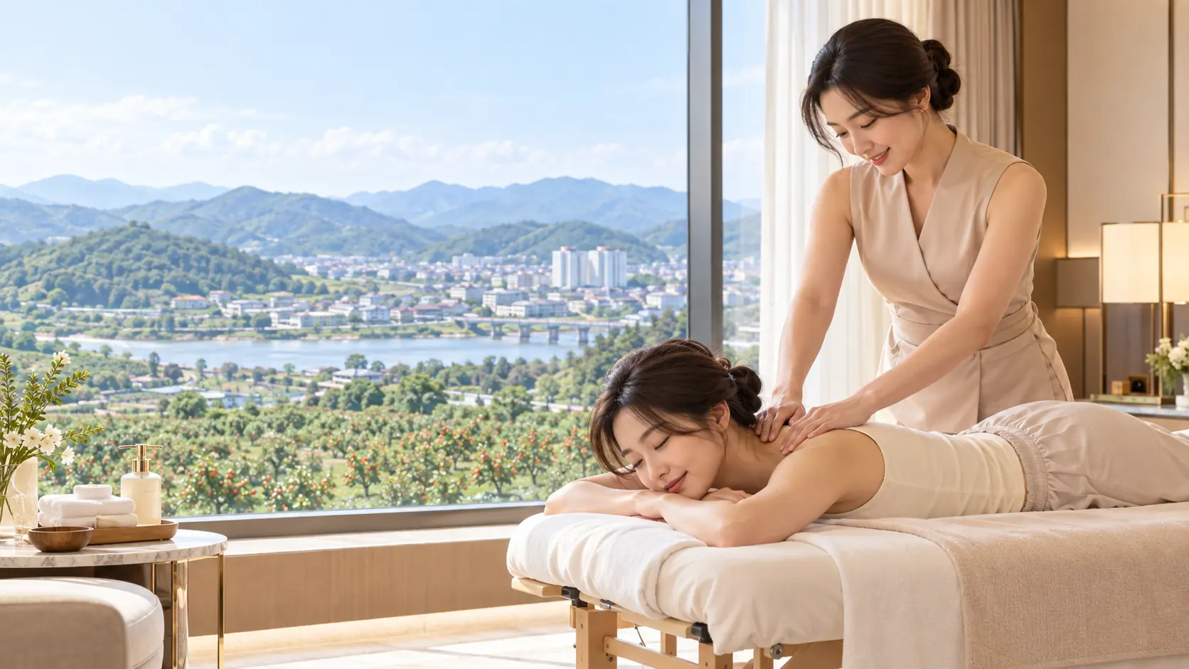 상주의 밝고 부드러운 프리미엄 숙소에서 성인 고객과 성인 여성 관리사가 전문 마사지 장면을 연출한 지역 전용 이미지.