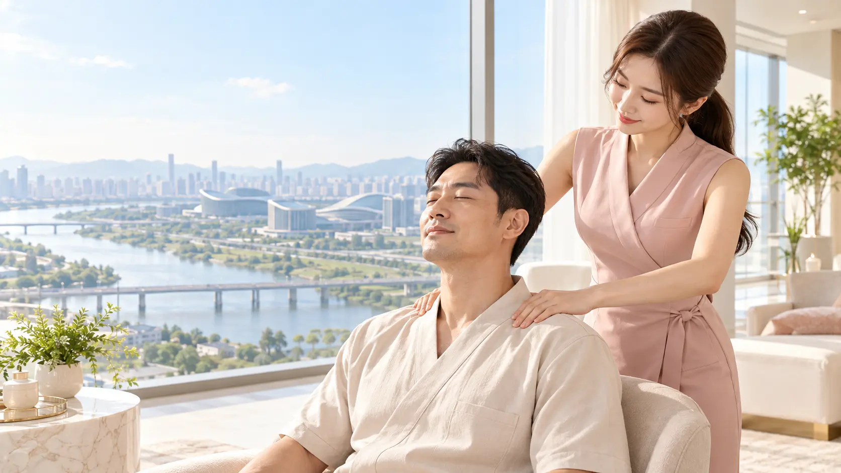 세종의 밝은 숙소에서 전문 마사지를 진행하는 모습