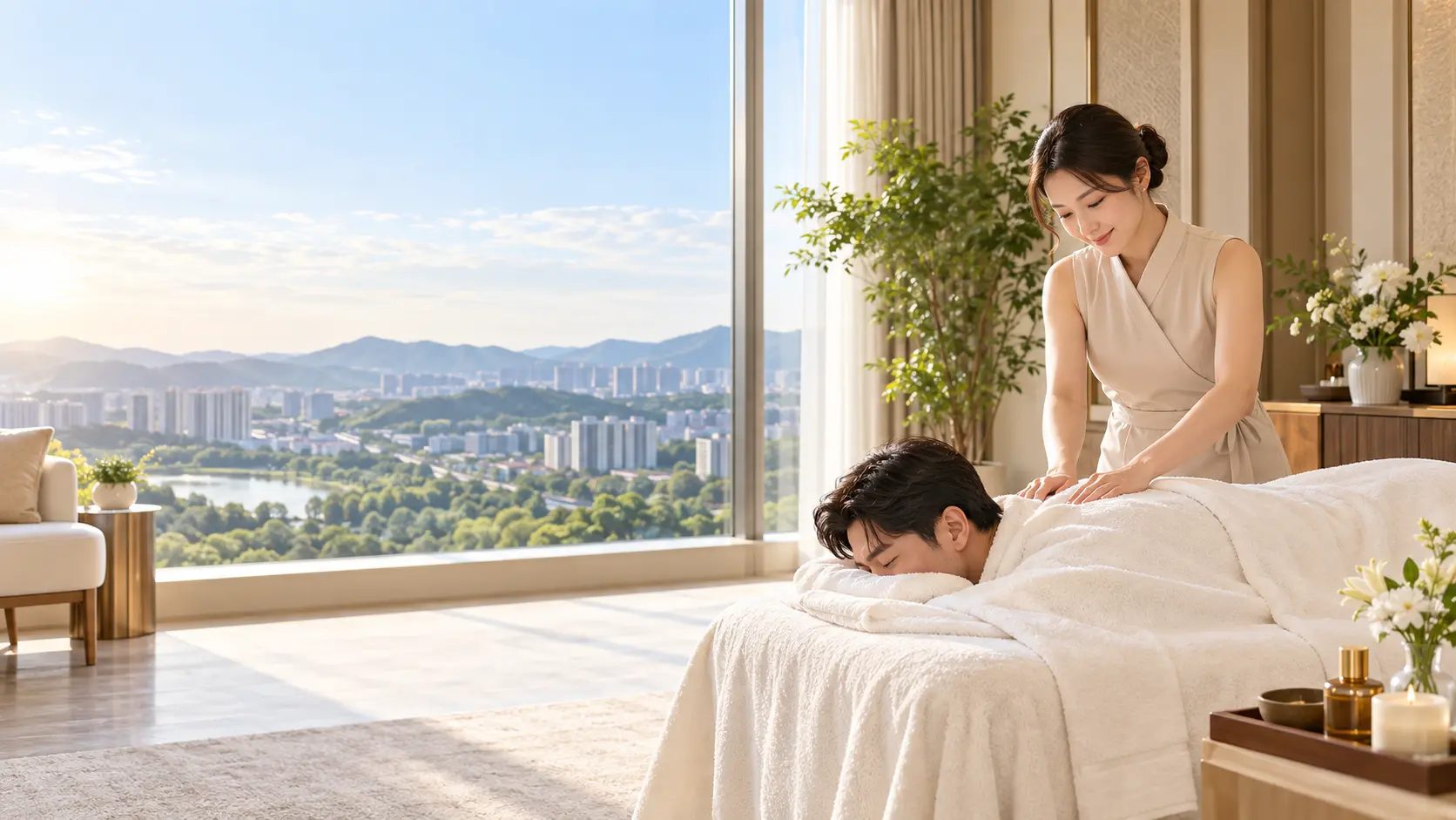 용인의 밝고 부드러운 프리미엄 숙소에서 성인 고객과 성인 여성 관리사가 전문 마사지 장면을 연출한 지역 전용 이미지.